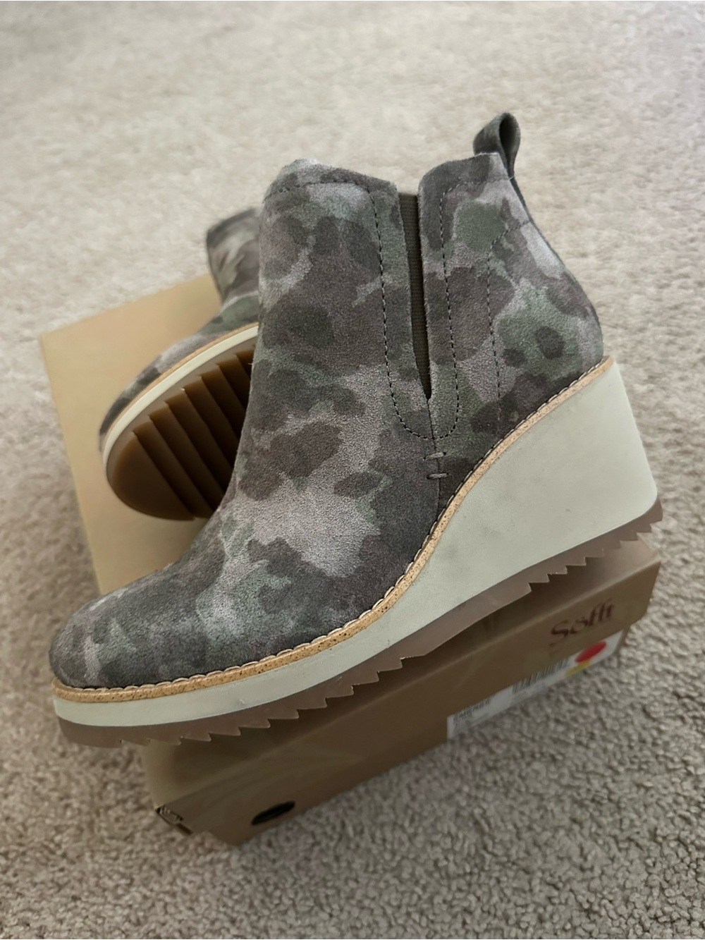 Sofft Emeree Waterprood Olive Camo Suede Wedge Booties